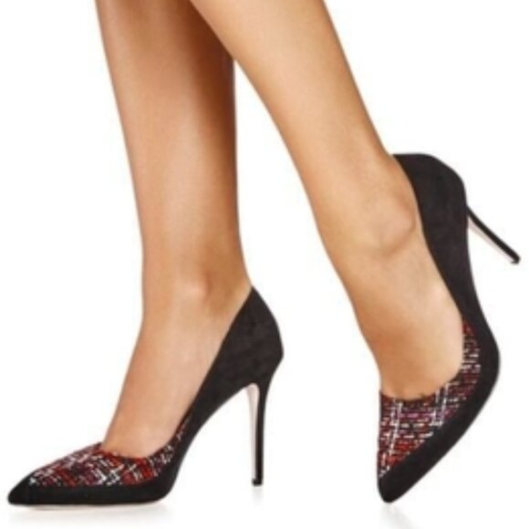 👠🖤🔥NEW Just Fab Suede Woven Black Red & White High Heels Sz 9 - Picture 14 of 14